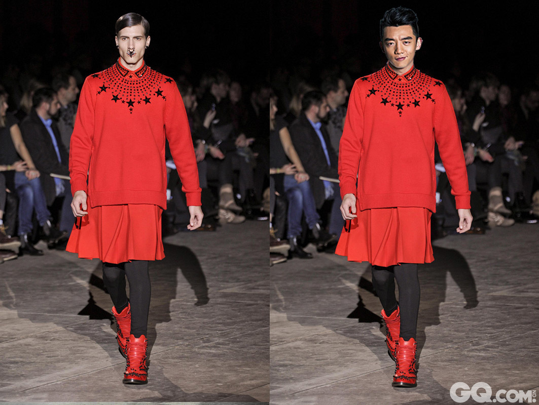 Givenchy的2012秋冬秀用大红色的卫衣、半裙和靴子搭出了一种“休闲潮”。选择红色出席中国的婚礼也是不错的。