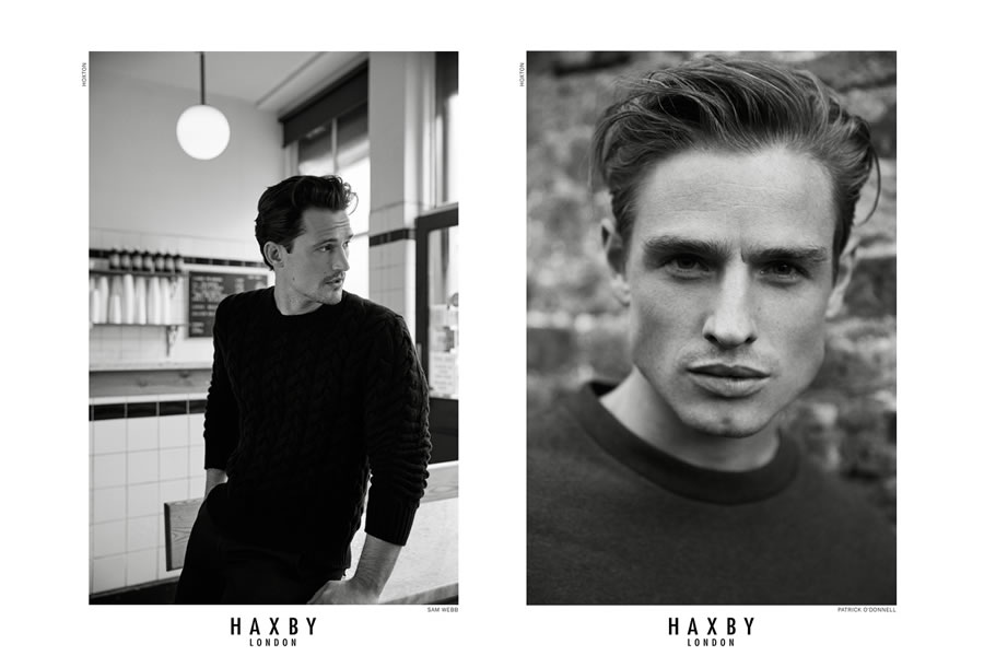 英国新锐男装品牌Haxby London，本季邀请了Sam Webb 和Patrick O’Donnell两位男模。摄影师呈现黑白的画面，表现英伦的街头时尚与绅士品格的结合，优雅的服装将男士的品味衬托出来。