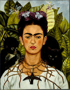 《戴着荆条与蜂鸟项链的自画像》Autoretrato con Espinas y Colibrí（1940）。这幅画也在纽约的展览中展出。