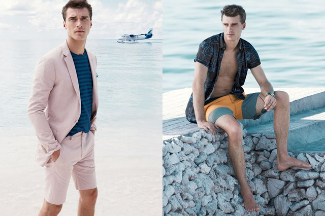 具有典型美式风格的J.Crew本季推出了海滩度假风的系列男装，自由快乐的热浪随着摇摆的衣襟阵阵传来。纯色的棉麻T恤，透气轻薄，印花衬衣更适合度假，运用淡粉与淡蓝这类清新的色彩，营造轻松的氛围。