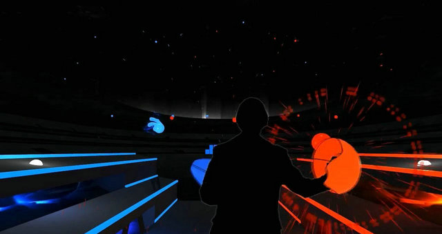 NO.5音盾
正如其名字一样，这是一款音乐类游戏，它能够自动处理电脑中音乐的节拍，形成一个个球体向用户袭来，你需要拿起手中的盾牌将其阻挡下来，本质上就是将音乐节拍游戏虚拟现实化。《音盾》也是目前国内非常火爆的VR体验现场最热门的体验游戏之一。

