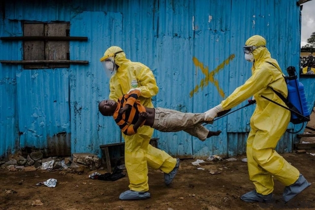 2.	在利比里亚蒙罗维亚，一个八岁男孩染上埃博拉病毒，被两个卫生工作者带入一家诊所接受治疗，与病魔作斗争。利比里亚是南非埃博拉病毒爆发最严重的一个国家，此图为人们真实展现了这一传染病的毁灭性。摄影师：丹尼-波拉克（纽约时报）