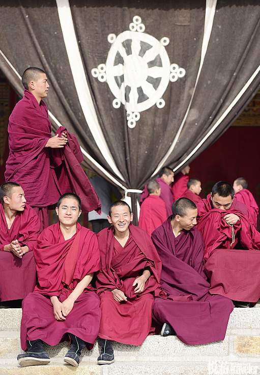 隆务寺里的僧人每天七点半开始上早课.