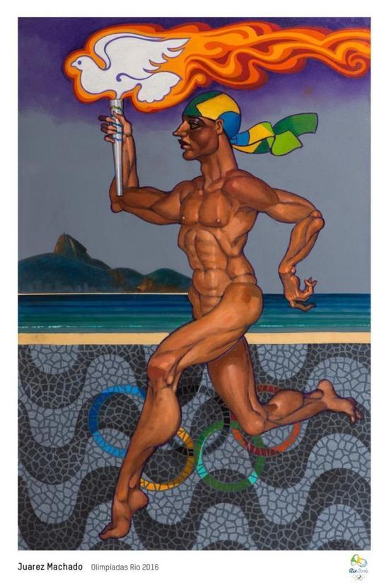 一张极具巴西特色的海报，“阳光、海滩、桑巴、足球”是巴西人的爱，以里约著名的科帕卡巴纳海滩为背景，展现了一位肌肉饱满的运动员举着奥运圣火奔跑的身姿。