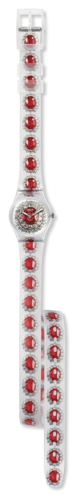 名称：红宝石银裹
型号：LK342
款型：Lady
表盘：钻石和红宝石纹饰图案
表壳：半透明亮光塑胶
表带：半透明亮光硅胶，钻石和红宝石镶嵌图案
