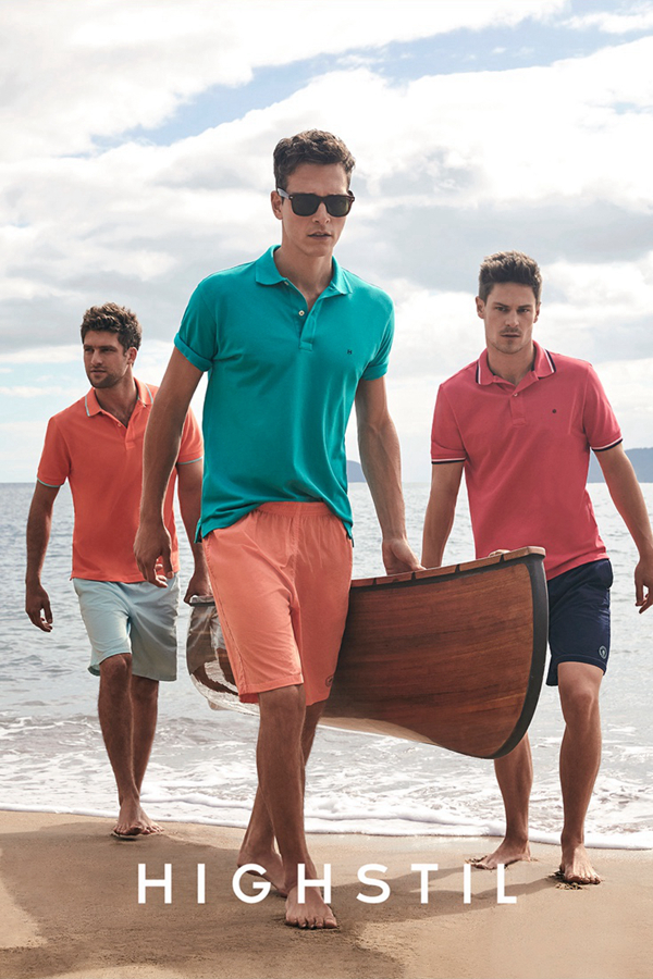 Highstil本季邀请到巴西男模Alexandre Cunha，在洒满阳光的海边沙滩上拍摄了2017春夏广告大片，同时推出了休闲与正装系列。既有色彩艳丽的POLO衫与印花短裤，也有椰影下的灰色西装，优雅而梦幻。