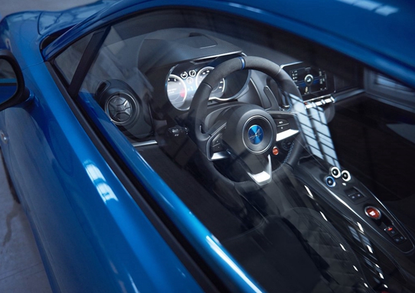 该车采用了目前少见的配以圆形LED大灯组，车身上喷涂了经典的蓝色车漆，不仅融合了怀旧元素，同时又极具科技感。车身尺寸方面，它的长/宽/高分别为4330/1961/1230mm。值得一提的是，Alpine A110-50大量运用碳纤维材质，整备质量仅为880公斤。